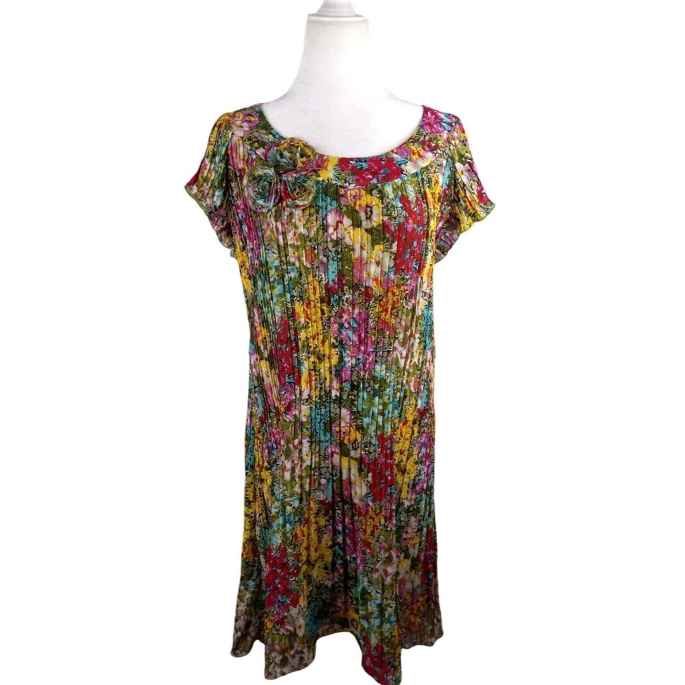 Madison Leigh Multicolor Floral Pleated Midi Shift Dress Small Lined Colorful